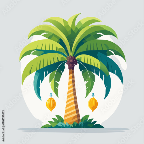 Tropical Coconut Palm Tree With Yellow Coconuts and Green Leaves