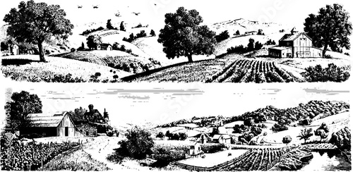 Rural landscape engravings set depicting countryside scenery for design use
