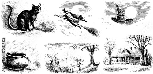 Vintage halloween illustration set with witch, cat, and cottage in engraving style for retro design