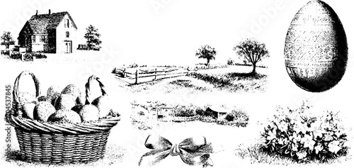 Vintage rural landscape and easter egg engraving set for retro design projects