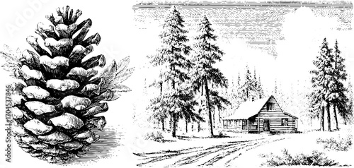 Vintage engraving style illustration of pine cone and cabin in forest scene