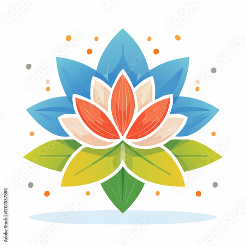 Blue And Orange Lotus Flower With Green Leaves On White Background