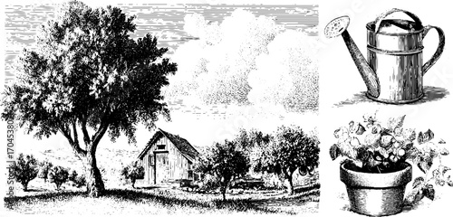 Vintage engraving style illustration set featuring rural landscape and gardening tools