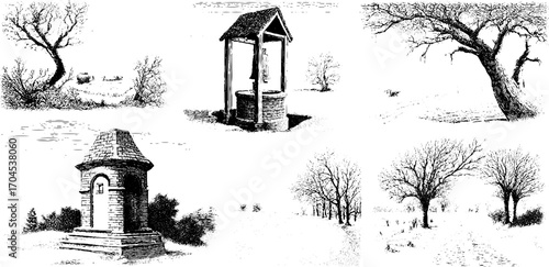 Vintage engraving style illustration set of isolated trees and structures for design