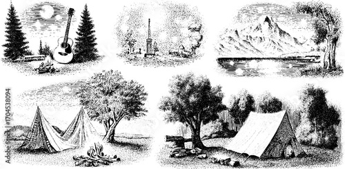 Vintage camping and nature scenes: engraved illustrative set for outdoor design