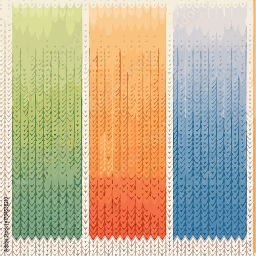 Green Orange And Blue Knitted Fabric Samples With Gradient Effect And Decorative Edge