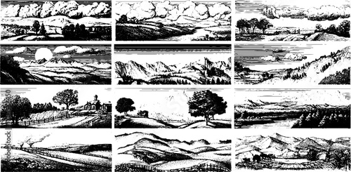 Rolling hills engraving style illustration set for landscape designs