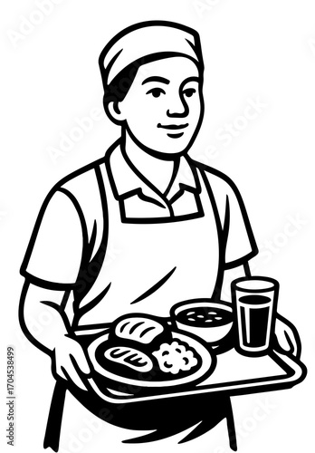 Canteen worker serving food and drinks in a dining area