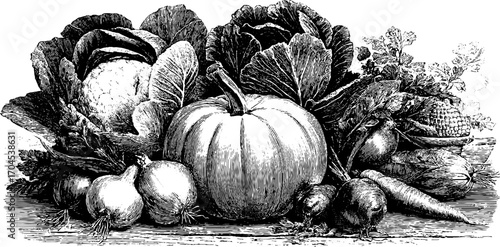 Vintage engraving style illustration of vegetable set featuring pumpkin and cabbage for design use