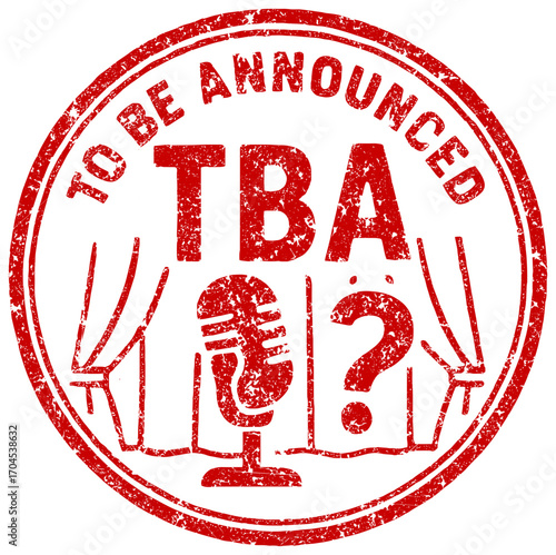 Rubber stamp graphic featuring TBA announcement in bold design