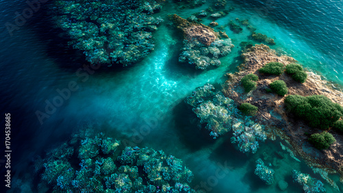 Coral reef meets shoreline, turquoise waters shimmer in the sun, marine life thrives in vibrant ecosystem.
