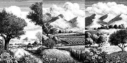 Vintage engraving style illustration of vineyards and orchard landscapes