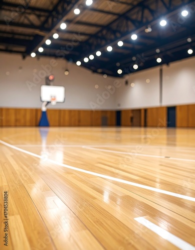 Indoor basketball court with polished wooden floor