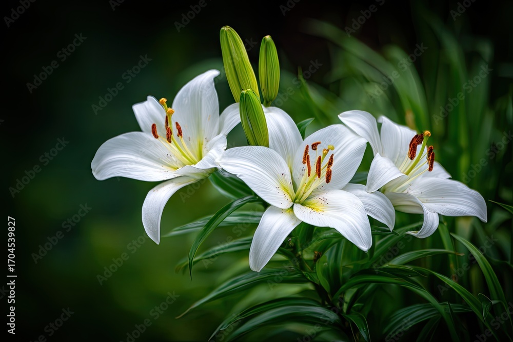 Fototapeta premium Three white lilies in a lush green garden setting.