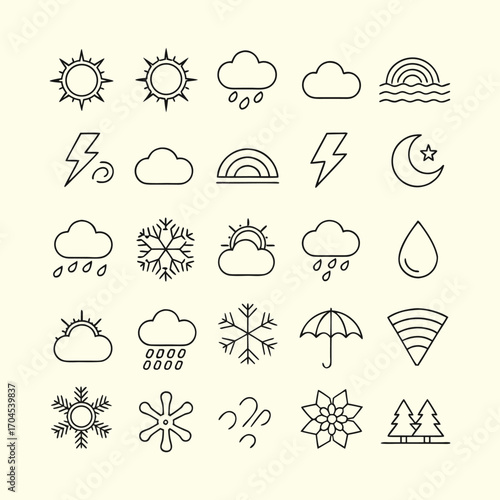 Weather Icons Collection – Sun, Clouds, Rain, Snow, and Storm Symbols for Meteorology, Forecast, and Climate Designs