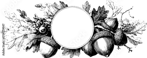 Ornamental vintage frame with acorn and oak leaf design for banner or card