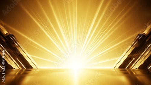 A golden light rays background as an epic seamless loop. A glamorous Art Deco-style stage is lit by a bright, shining light. Ideal for a Hollywood awards show or a corporate event opener.
