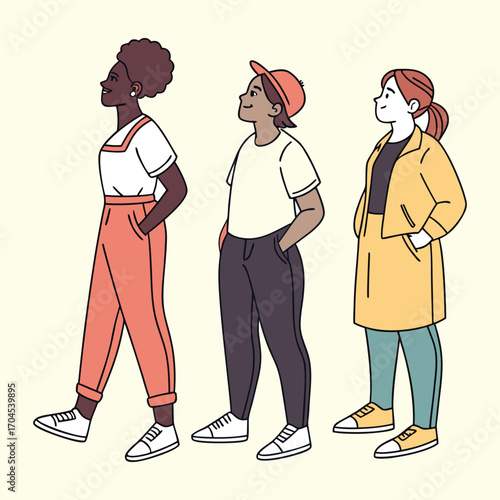 Diverse Group of Three Young Women Standing Together Looking Up – Vector Illustration of Friendship, Teamwork, and Empowerment