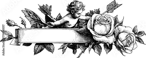 Ornamental vintage frame with cherub and roses for elegant design