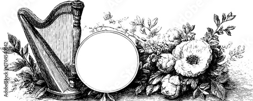 Ornamental vintage frame with floral and harp design for banners and cards