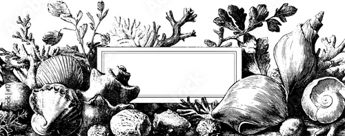 Ornamental vintage frame with seashells and coral design for cards and posters