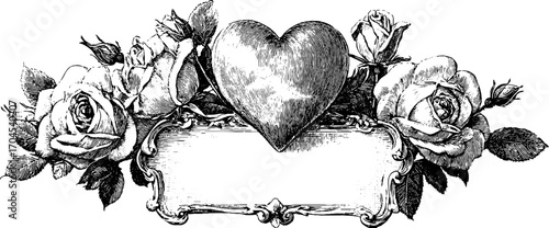 Ornamental vintage frame with heart and roses for decorative banner design