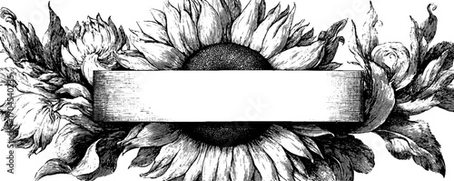Ornamental vintage frame with sunflower and blank banner for decorative design