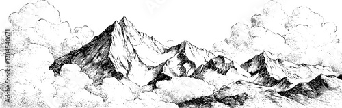 Ornamental vintage frame with mountain landscape sketch