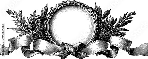 Ornamental vintage frame with ribbon and floral design for decorative projects