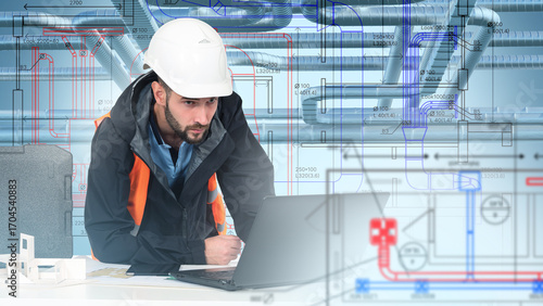 Engineer analyzes ventilation system blueprints and uses laptop for project planning. Technical work includes HVAC design, infrastructure coordination and energy-efficient building solutions.