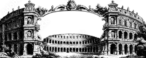 Ornate vintage frame illustration featuring ancient amphitheater design for decorative banner