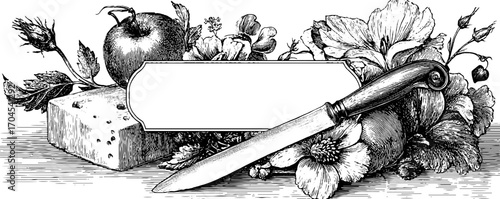 Vintage cheese and fruit banner with knife and floral frame - ideal for label design
