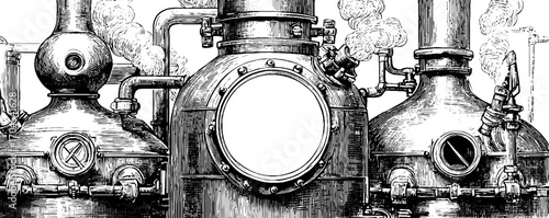 Vintage copper still frame illustration for distillery banner design