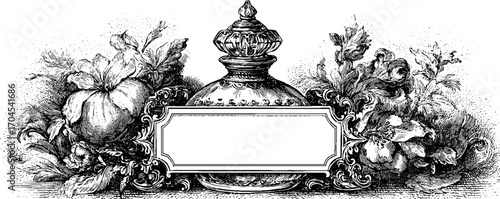 Vintage crystal decanter frame with floral banner design for elegant labels