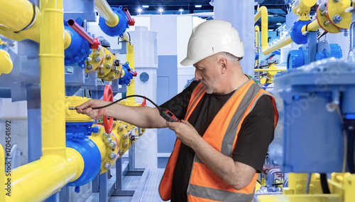Engineer in safety vest and helmet uses gas analyzer to check pipelines and valves for leaks at industrial gas facility. Technical inspection ensures safety and system reliability.