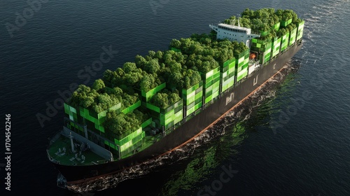 Cargo ship with eco-friendly green containers, sustainability business, 3D illustration.