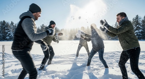 Friends Enjoying a Lively Snowball Fight in a Winter Wonderland.