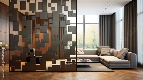 Modern living room interior featuring a geometric divider and comfortable sofa arrangement