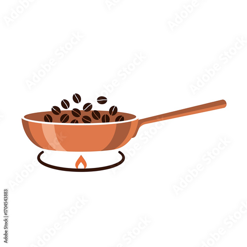 A copper pan filled with coffee beans is being roasted over a gas stove with a visible flame.