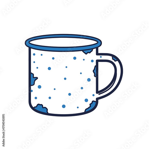 A detailed illustration of a white enamel mug with blue speckles and a handle.