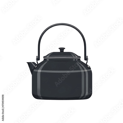 A detailed illustration of a black kettle with a handle and a spout, perfect for boiling water.