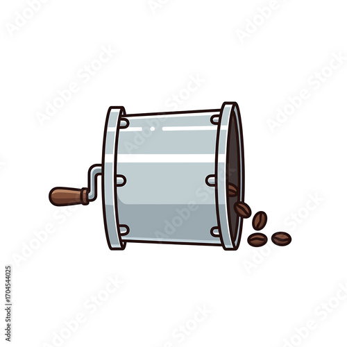 Illustration of a coffee bean roaster with beans spilling out.