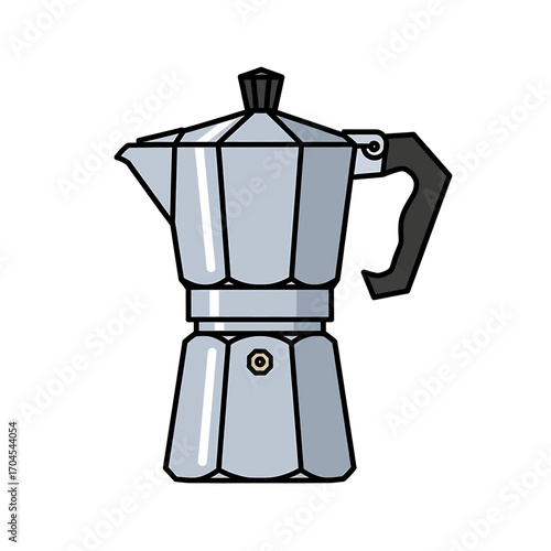 A classic silver moka pot, a stovetop espresso maker, with a black handle and lid knob.