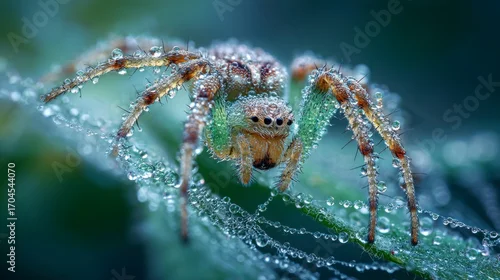 Fototapeta na wymiar Spider on dewy leaf closeup
