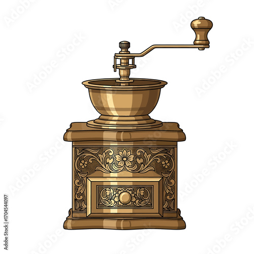Antique brass coffee grinder with ornate carvings and a crank handle.