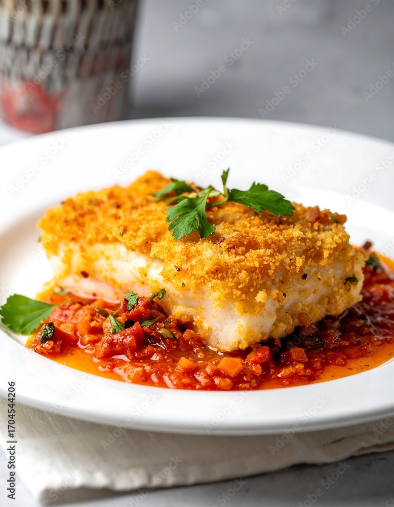 Fototapeta premium Pan-seared fish with tomato sauce