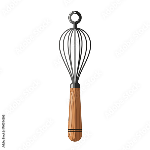 Close-up of a whisk with a wooden handle, isolated on a white background.
