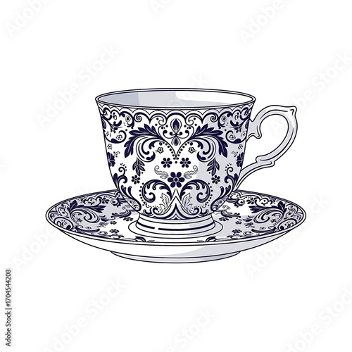 Blue and white teacup and saucer with intricate floral damask pattern.
