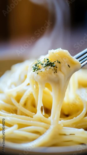 Close-up of a noodle dish with melted cheese on top and a sprinkling of seasoning.