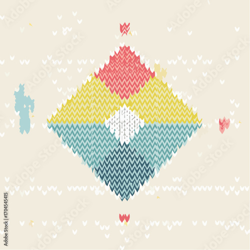 Colorful Knitted Diamond Pattern on Beige Background